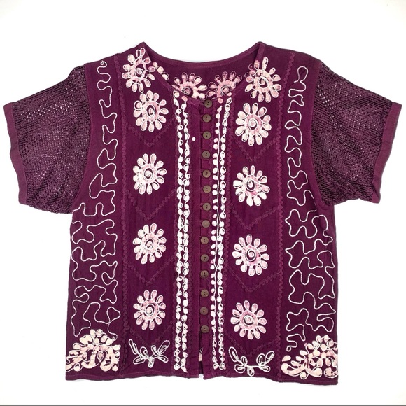 Vintage Boho Embroidered Bleach Mesh T Shirt - Picture 1 of 4